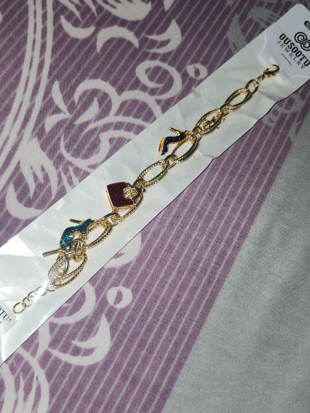 🔥Ousootu Jewelry Charm Bracelet Gold-Tone with Blue and Maroon Accents NEW